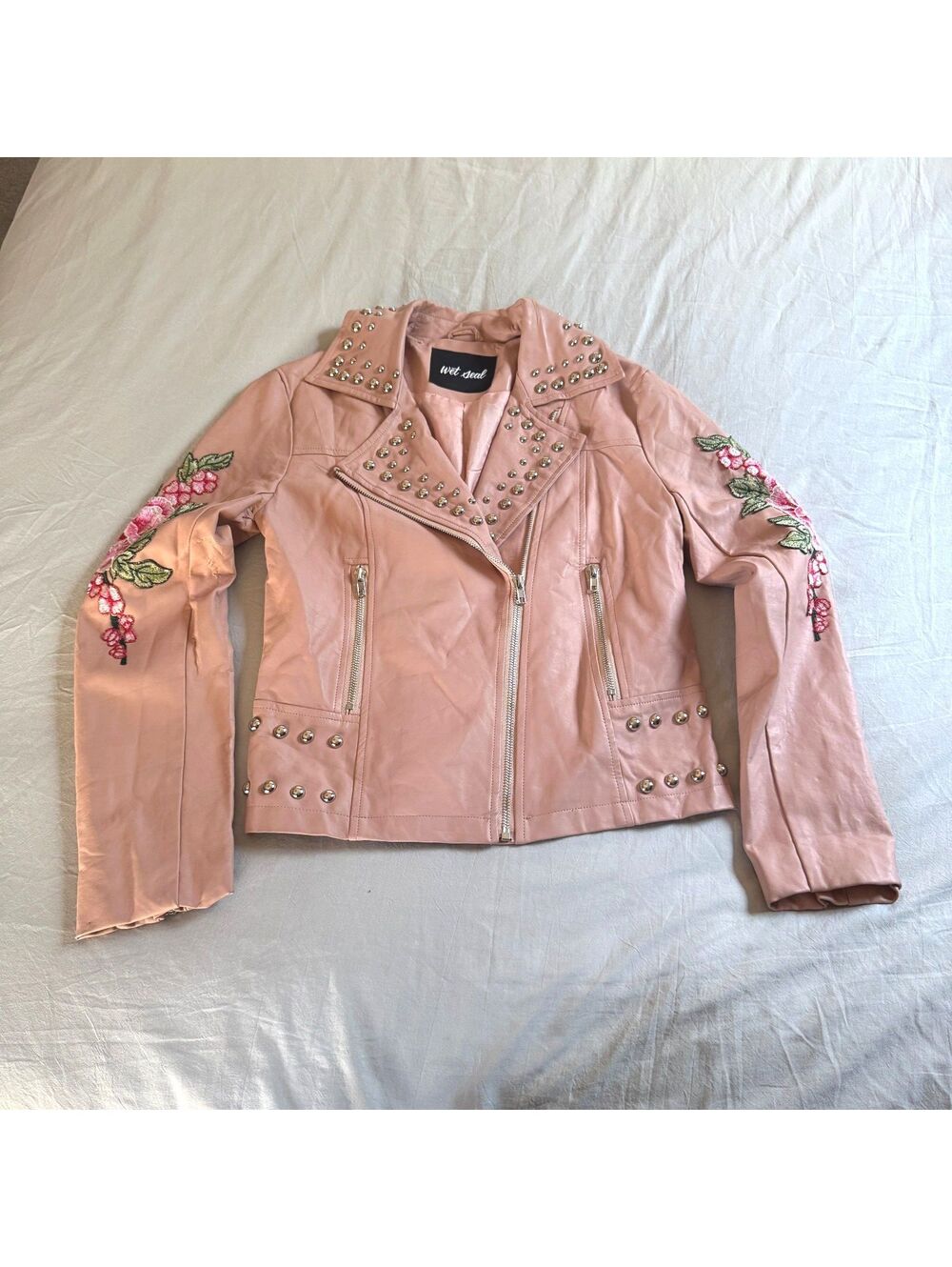 Wet Seal Small Blush Pink Faux Leather Moto Jacket Studded Embroidered S
